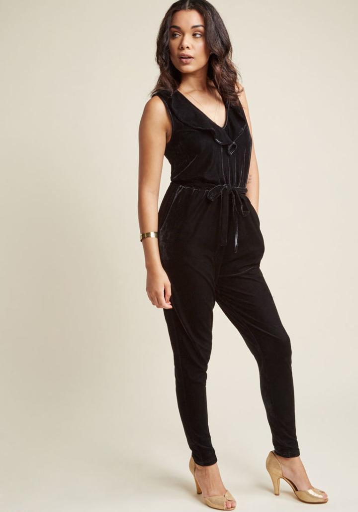 Modcloth Ruffled V-neck Velvet Jumpsuit In M