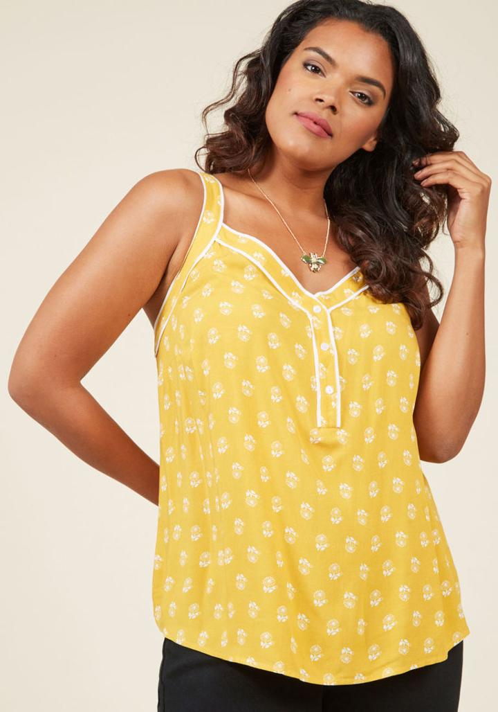 Modcloth Cafe Au Soleil Henley Tank Top In Goldenrod Blossom In 3x