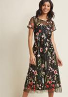 Modcloth Floral Midi Dress With Embroidered Overlay In Xs