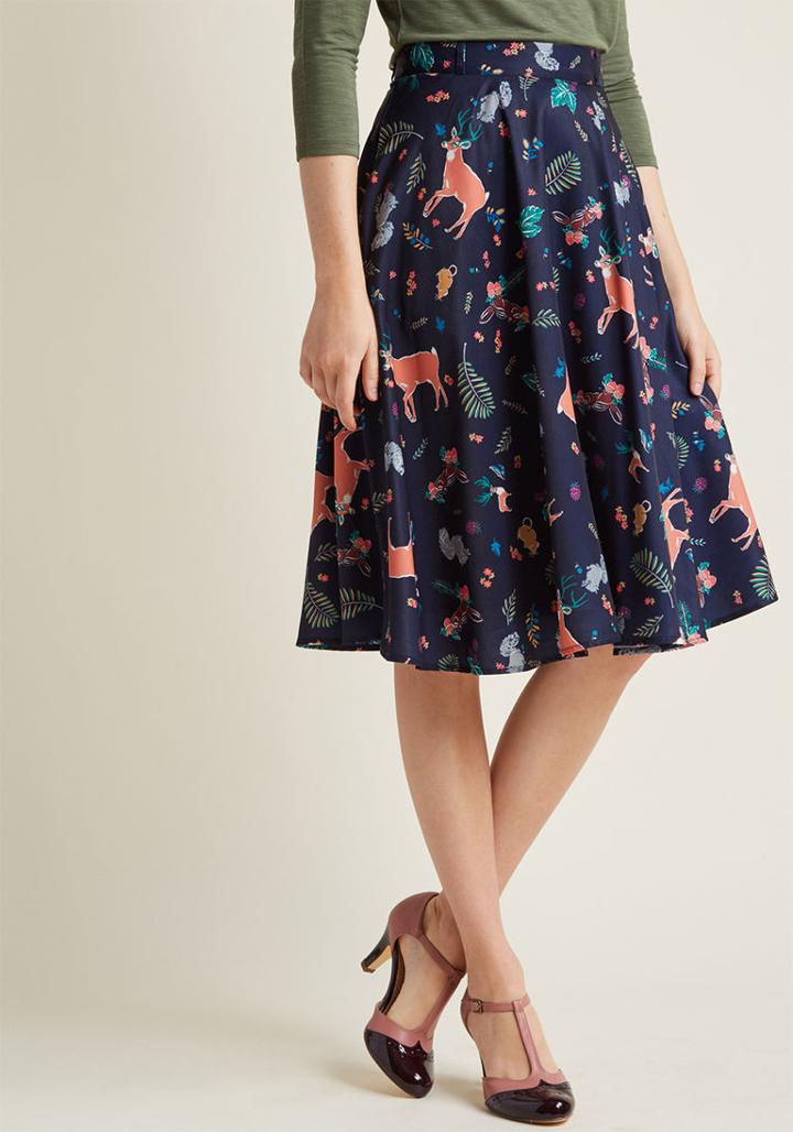 Modcloth Marvelous Midi Skirt With Pockets In Forest Critters In 3x