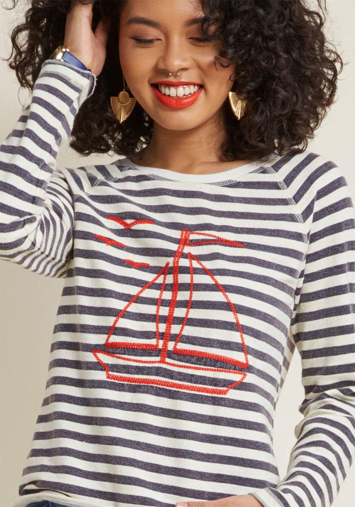 Modcloth Unstoppably Nautical Long Sleeve Top In 1x