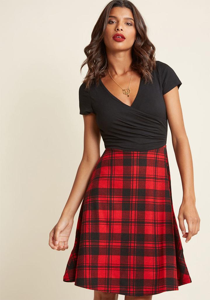 Modcloth Surplice Twofer A-line Dress In Plaid In L