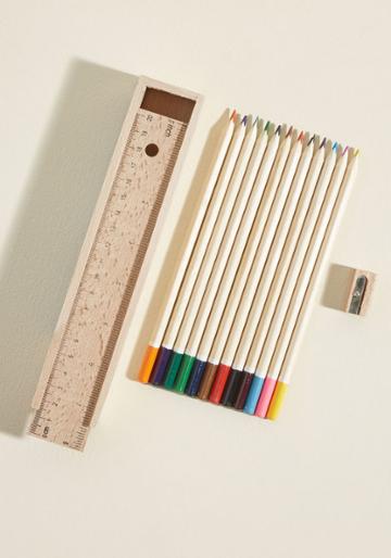 St75 Now You Do! This Wooden Box By Kikkerland Contains 12 Colored Pencils, An Old School Pencil Sharpener, And A Ruler For A Lid. Old School? Yes, But Also An Amazing Tool To Let Your Creativity Really Shine!