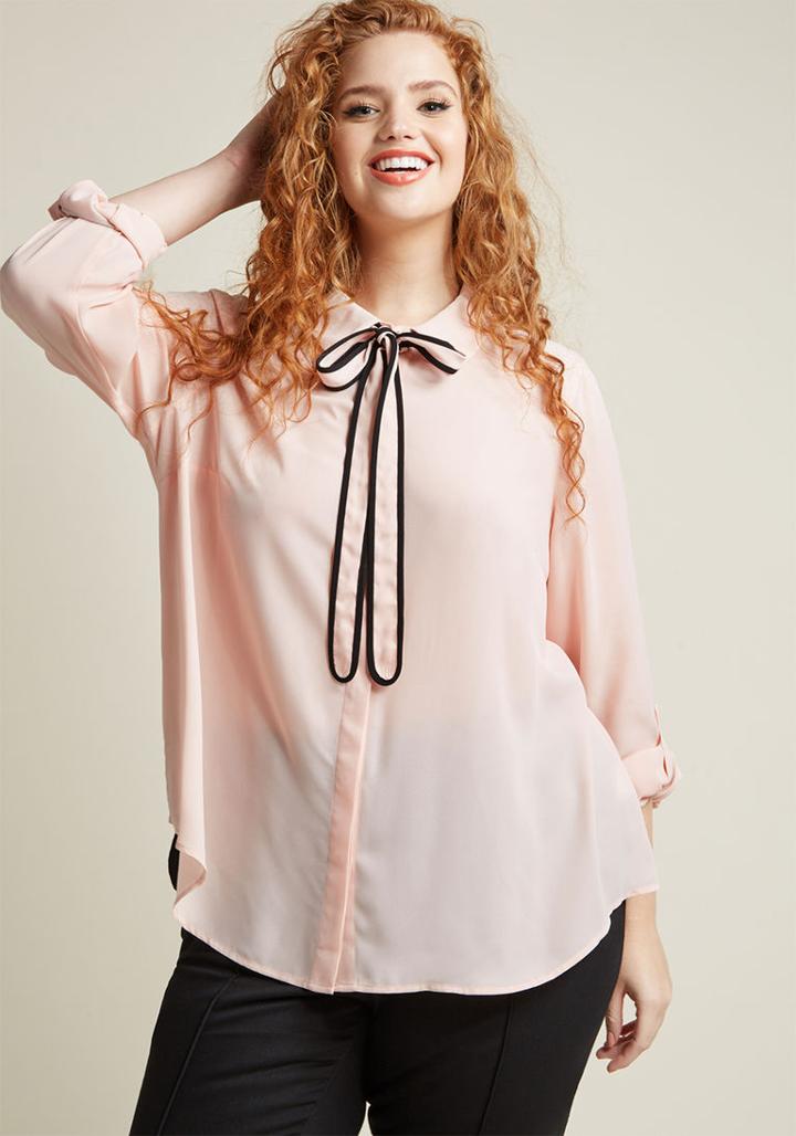 Modcloth Long Sleeve Top With Trimmed Tie In Blush In L