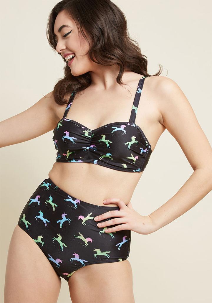 Highdivebymodcloth Waterfront Flaunt High-waisted Bikini Bottom In Unicorns In Xl