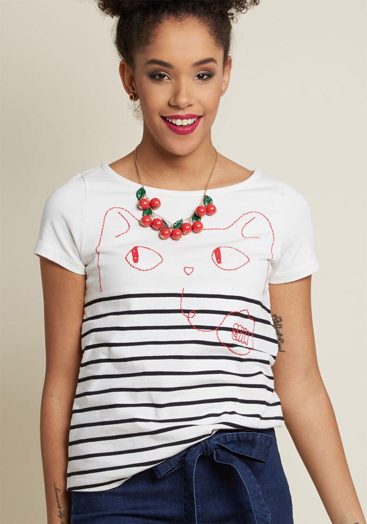 Modcloth Meowing And Musing Embroidered T-shirt In 2x