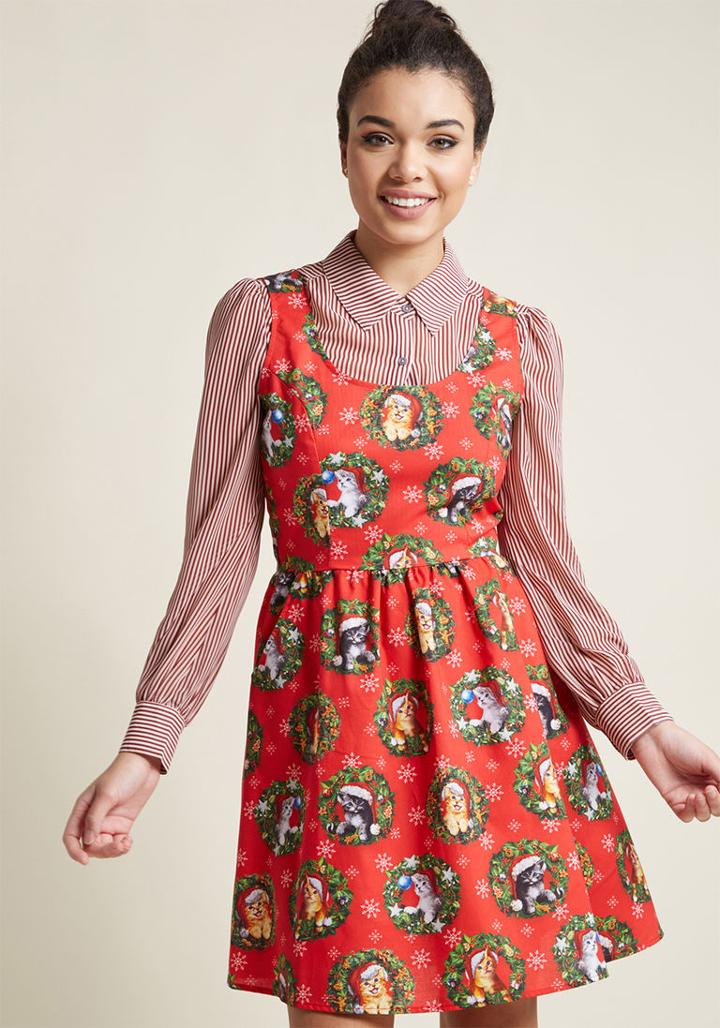 Modcloth Unprecedented Panache Holiday Dress In Kitties In S