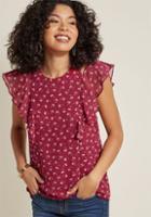 Modcloth Fancy Meets Frilly Cutout Ruffle Top In Burgundy Floral In Xl