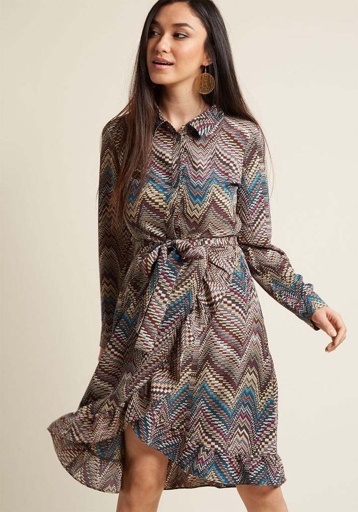 Modcloth Long Sleeve Wrap Shirt Dress In Chevron In Xl
