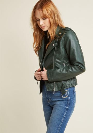 Modcloth Coming Of Edge Vegan Moto Jacket In Hunter Green In L