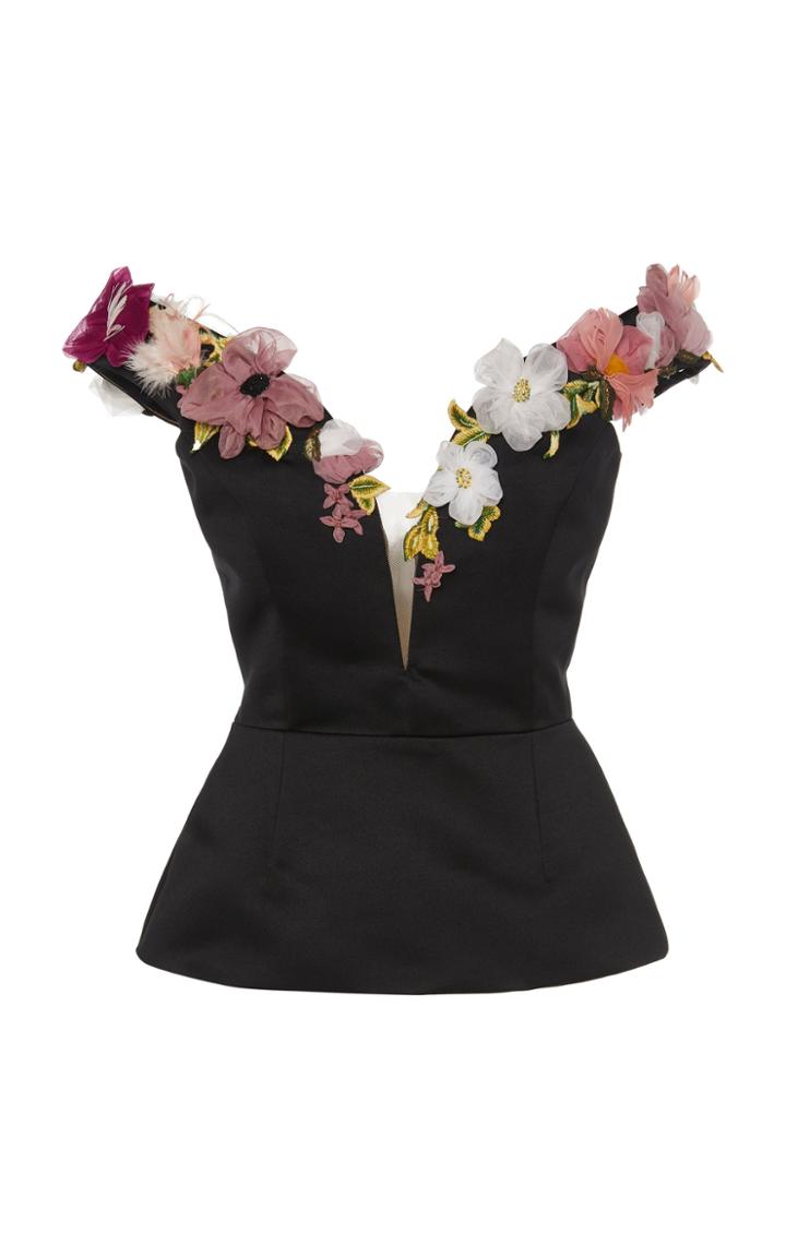 Marchesa Embroidered Duchess Satin Blouse