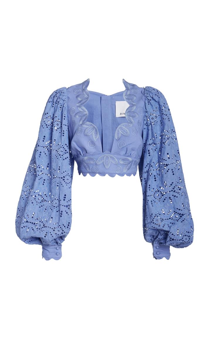 Moda Operandi Acler Atlantic Puff-sleeve Embroidered Linen-cotton Crop Top