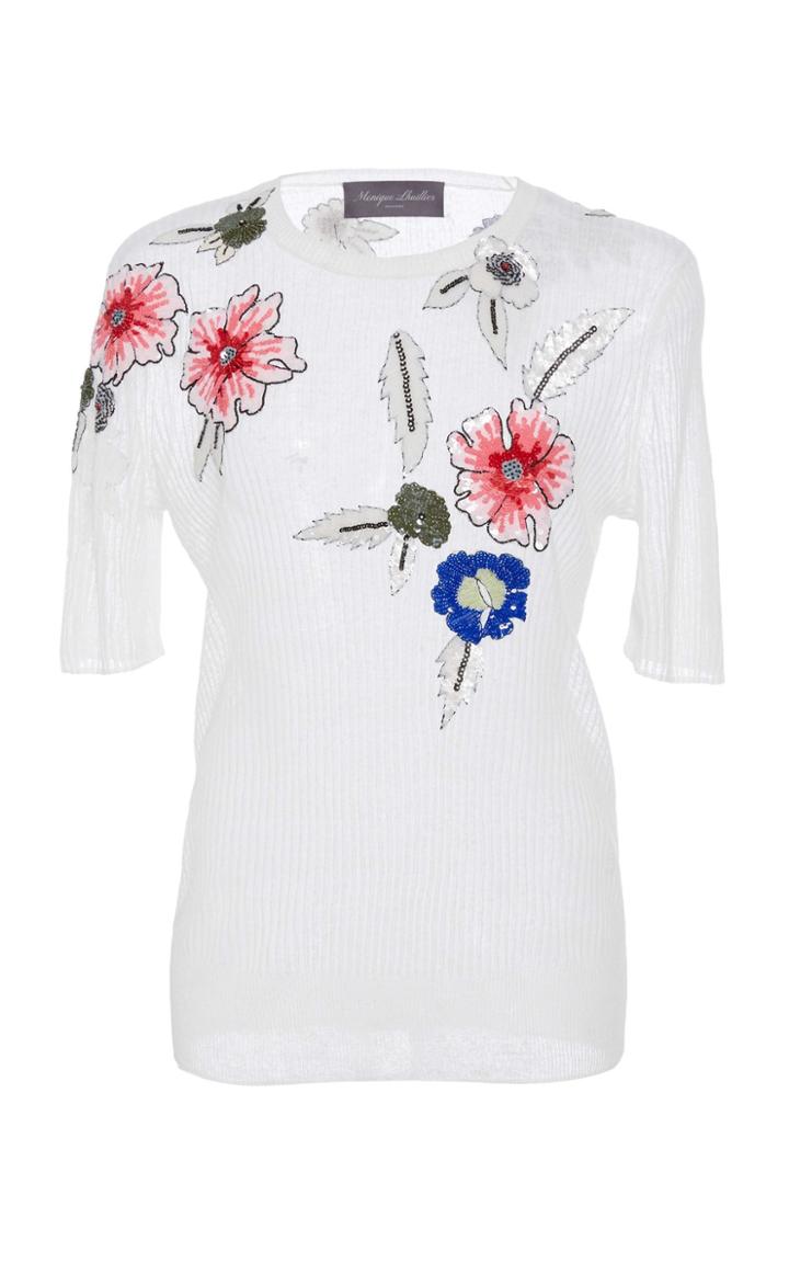 Monique Lhuillier Knit Top With Floral Appliqu