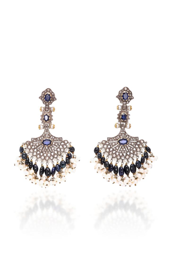 Sanjay Kasliwal Indo-russian 14k Gold Pearl Sapphire And Diamond Earrings