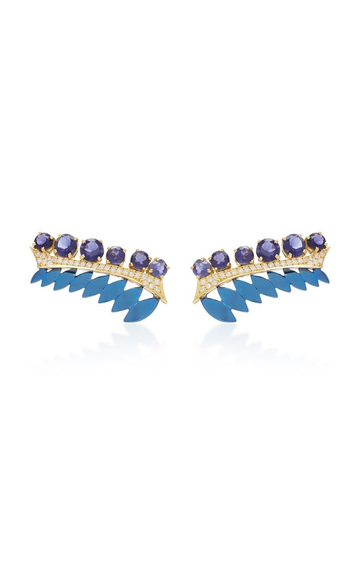 Carol Kauffmann Branch 18k Gold Enamel Lolite And Diamond Clip Earrings