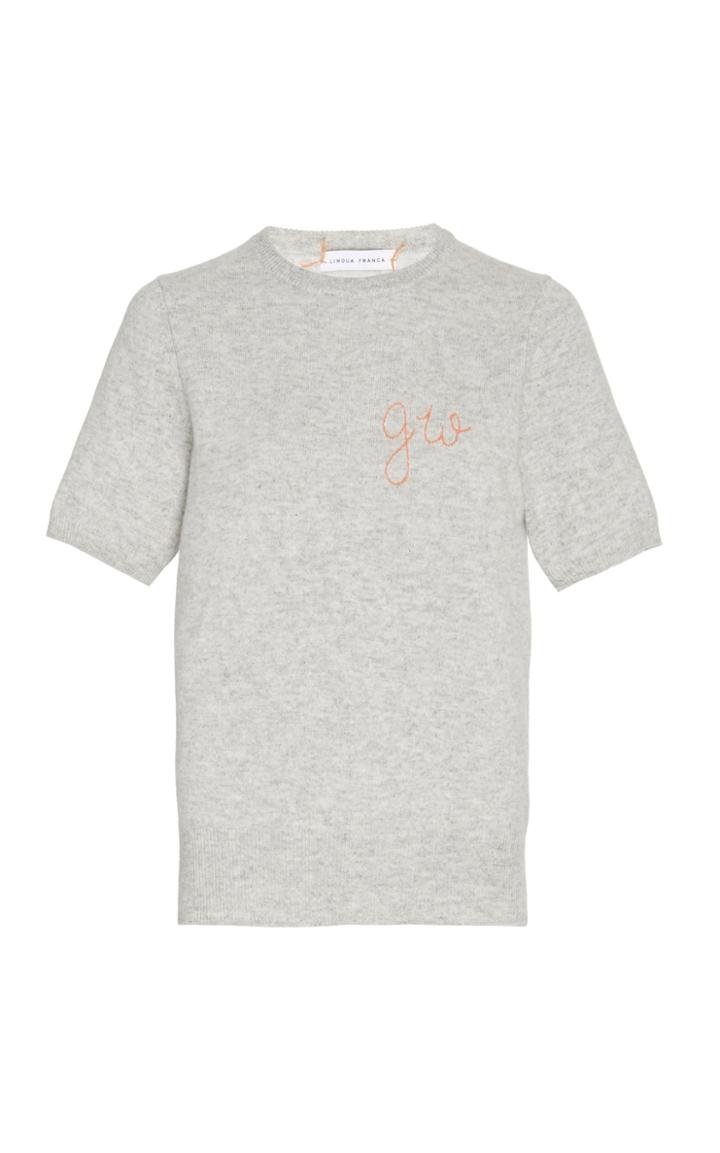Moda Operandi Lingua Franca Monogrammed Short-sleeve Cashmere Crew Sweater With Peac