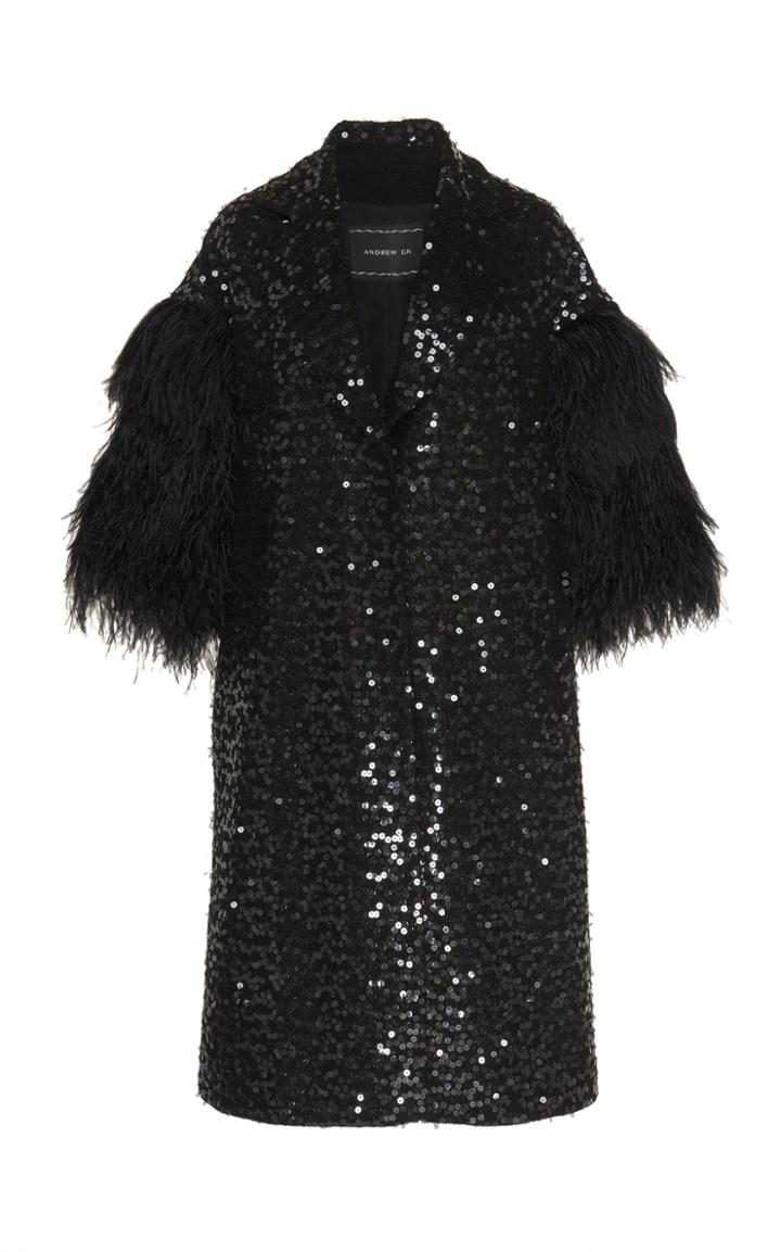 Andrew Gn Feather-trimmed Sequined Cotton-blend Coat