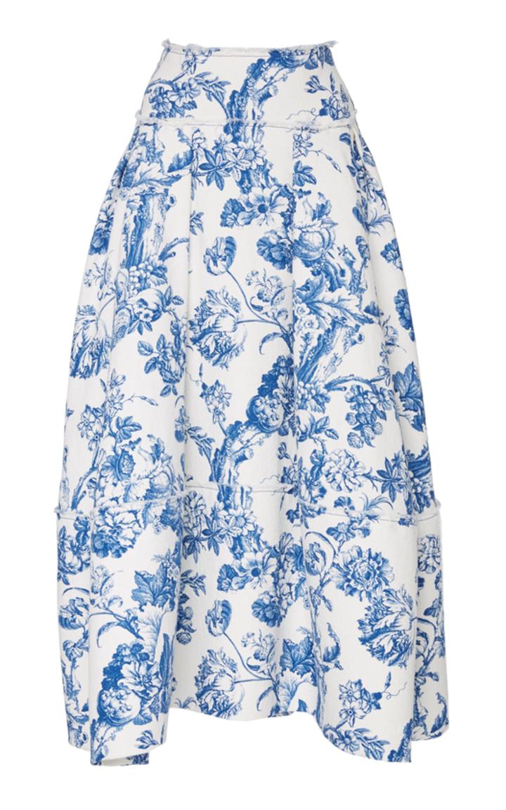 Oscar De La Renta Raw Hem Floral Stretch-cotton Midi Skirt