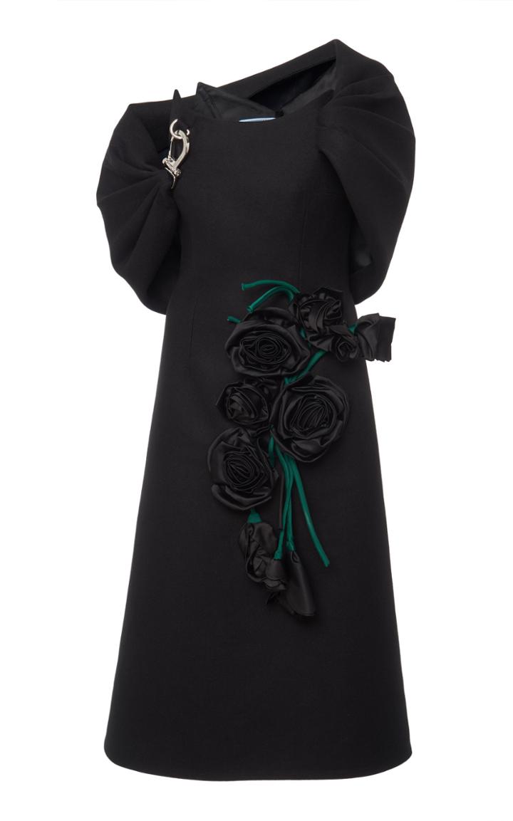 Prada Cold-shoulder Floral-appliqud Wool-crepe Dress