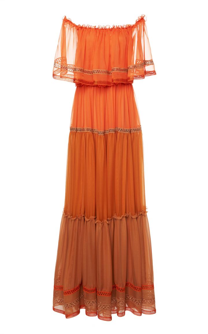 Alberta Ferretti Chiffon Off-shoulder Tiered Gown