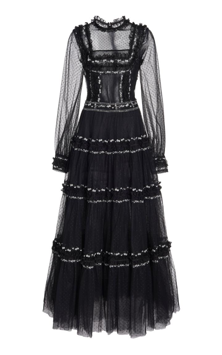Moda Operandi Costarellos Benna Ruffled Floral-embroidered Dotted-tulle Maxi Dress