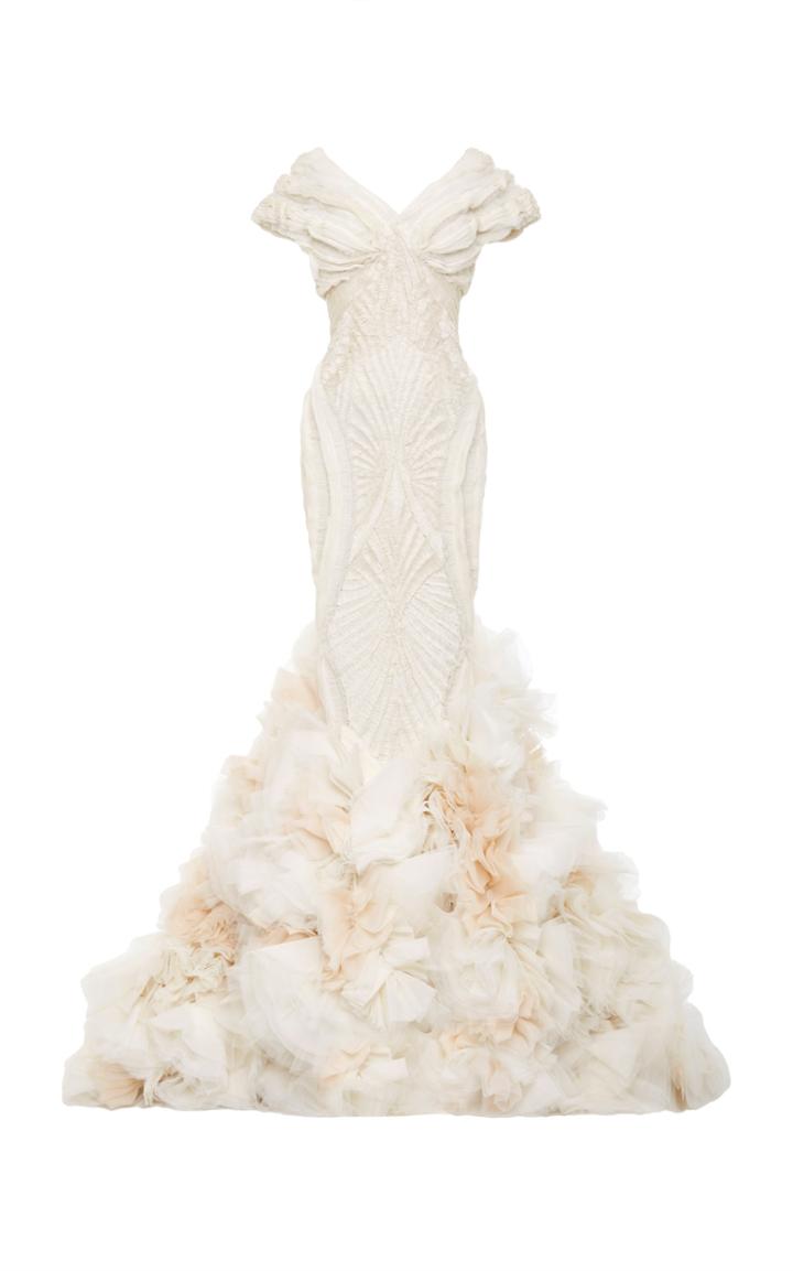 Zac Posen Handmade Ruffle Embroidered Gown
