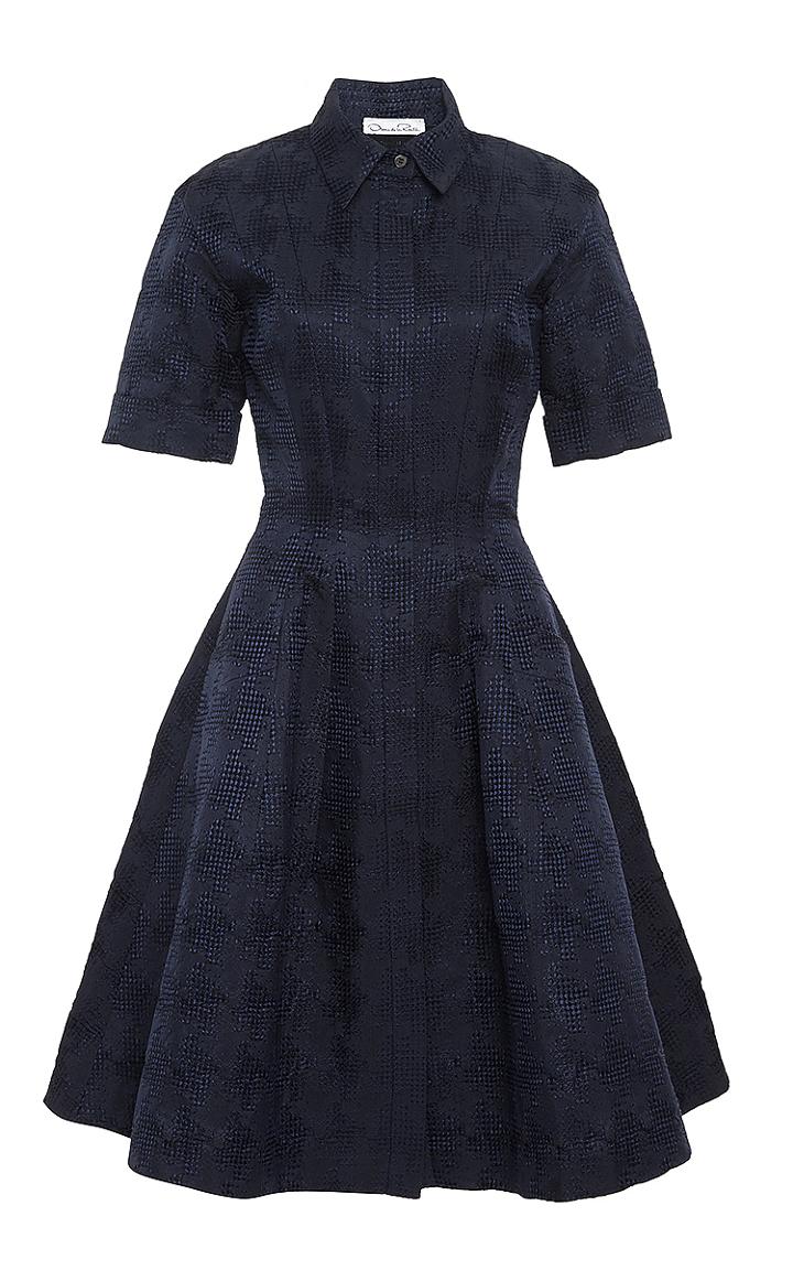 Oscar De La Renta Navy Jacquard Shirt Dress