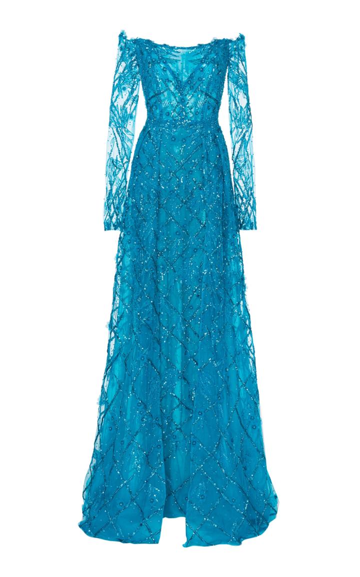 Pamella Roland Beaded Off-the-shoulder Gown