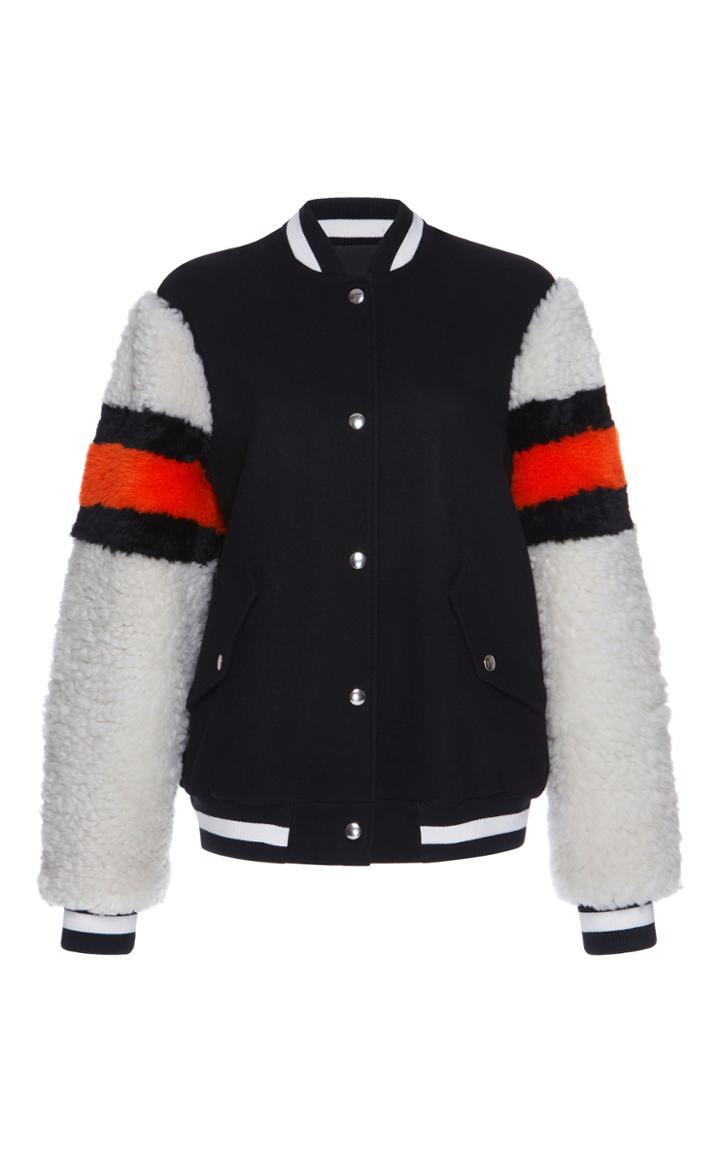 Msgm Striped Shearling Sleeve Bomber Jacket