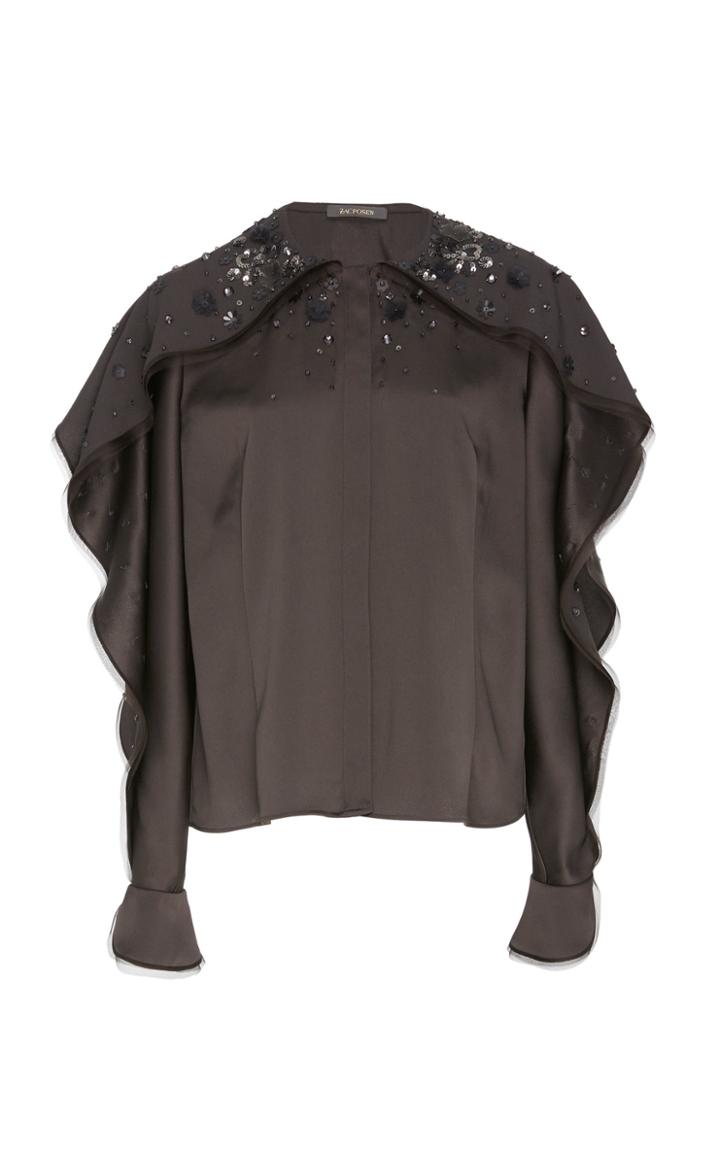 Zac Posen Embroidered Crepe Flower Medley Ruffle Blouse