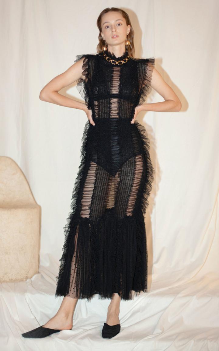 Moda Operandi Sandra Mansour Ciel Noir Ruched Point D'esprit Midi Dress