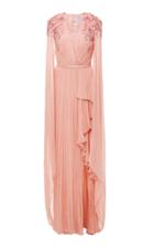Pamella Roland Hand Draped Crinkle Chiffon Caped Gown With Floral Embroidered Bodice