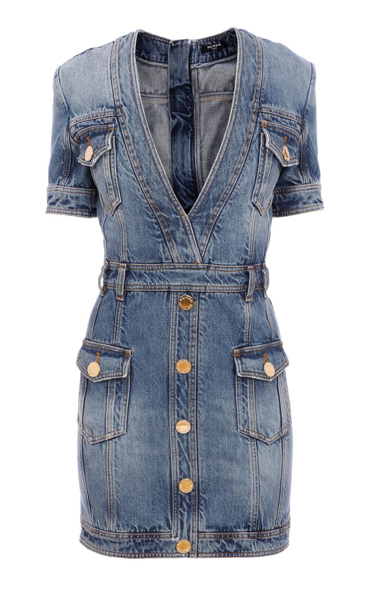 Balmain V-neck Denim Mini Dress
