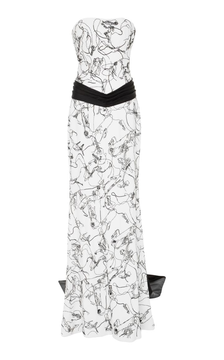 Elizabeth Kennedy Strapless Gown With Abstract Embroidery And Back Draped Detail