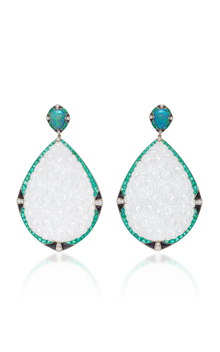 Fred Leighton One-of-a-kind Carved Icy White Jade Opal Sapphire Emerald And Onyx Pendant Earrings