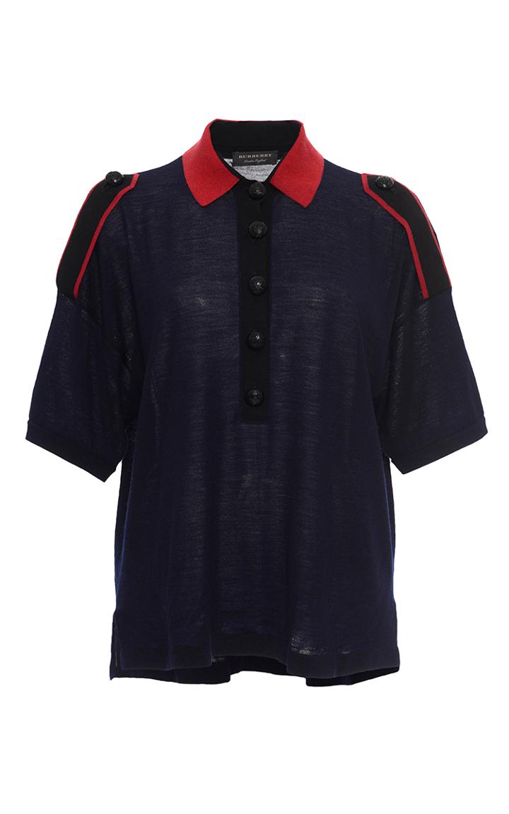 Burberry Navy And Red Merino Wool Epaulette Polo