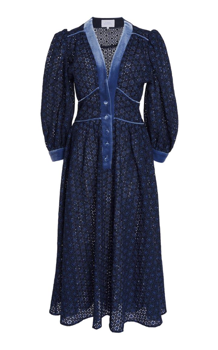 Luisa Beccaria Eyelet Lace Balloon Sleeve Midi Dress