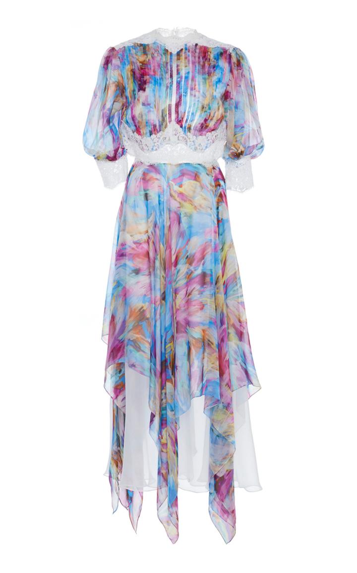 Costarellos Asymmetric Printed Silk Dress