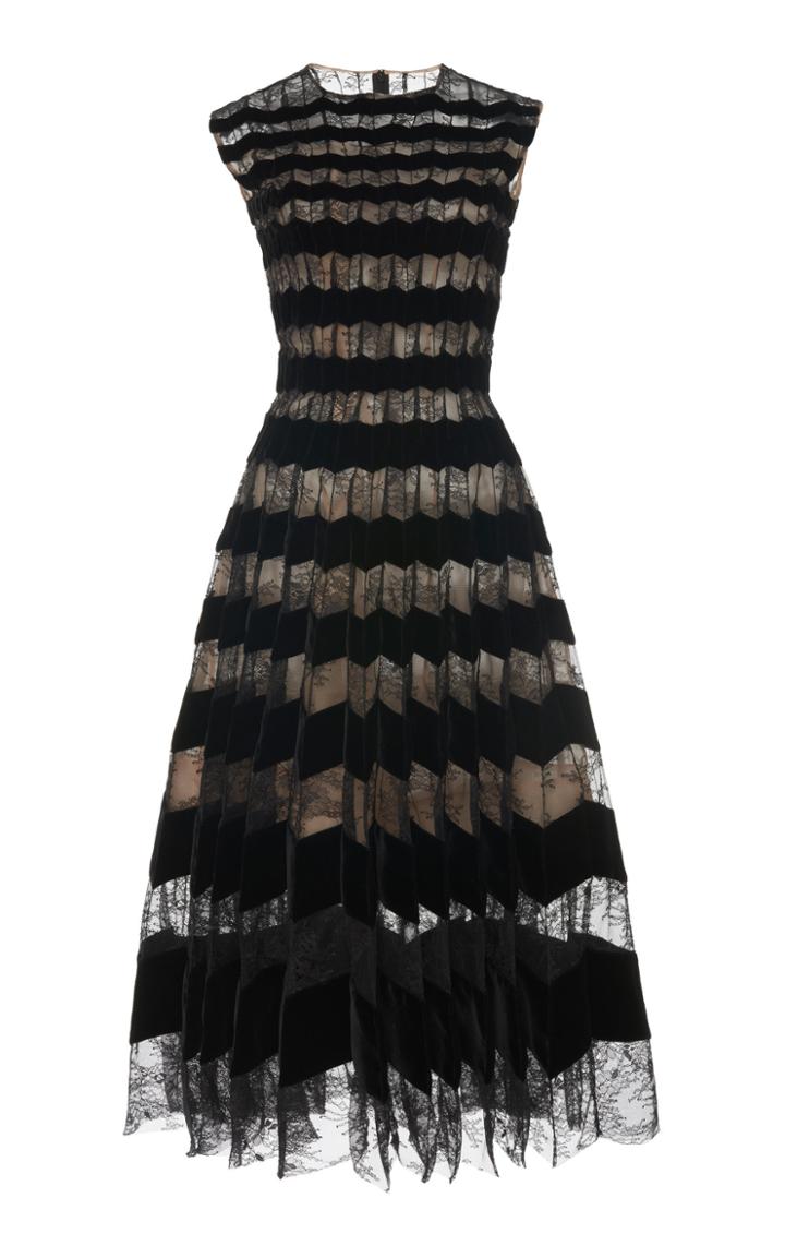 Oscar De La Renta Striped Pleated Lace Midi Dress