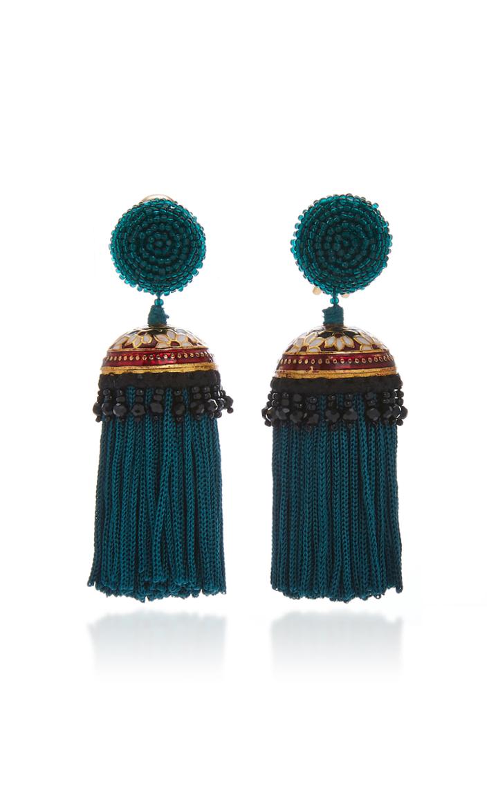 Oscar De La Renta Gold-tone Beaded Tasseled Clip Earrings