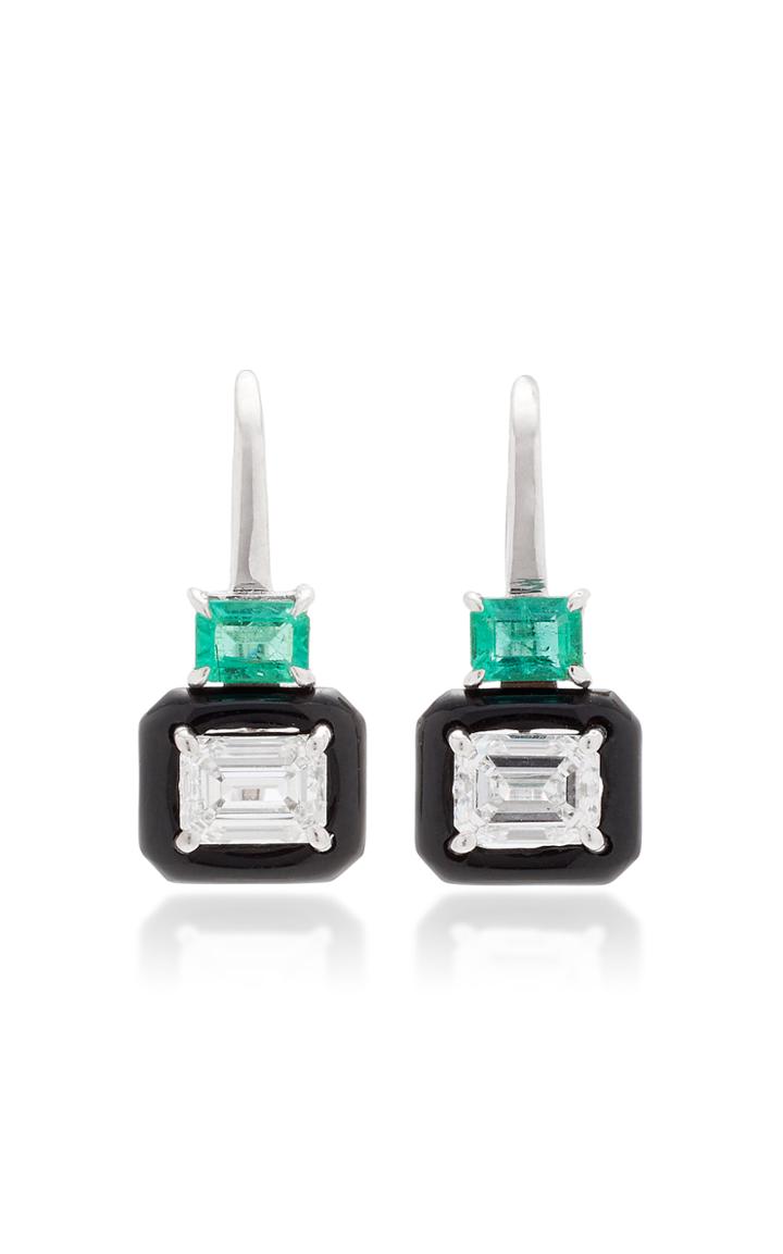 Nikos Koulis Oui Drop Earrings With Emeralds Emerald Cut Diamonds And Black Enamel