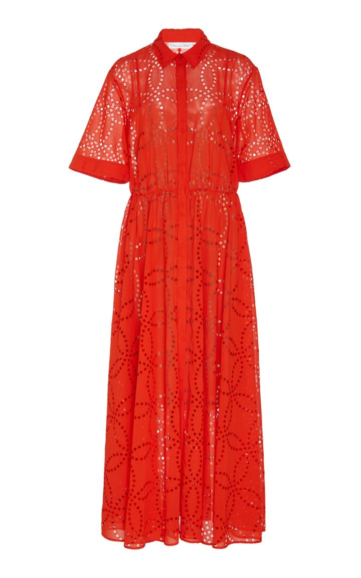 Oscar De La Renta Broderie Anglaise Cotton Midi Dress