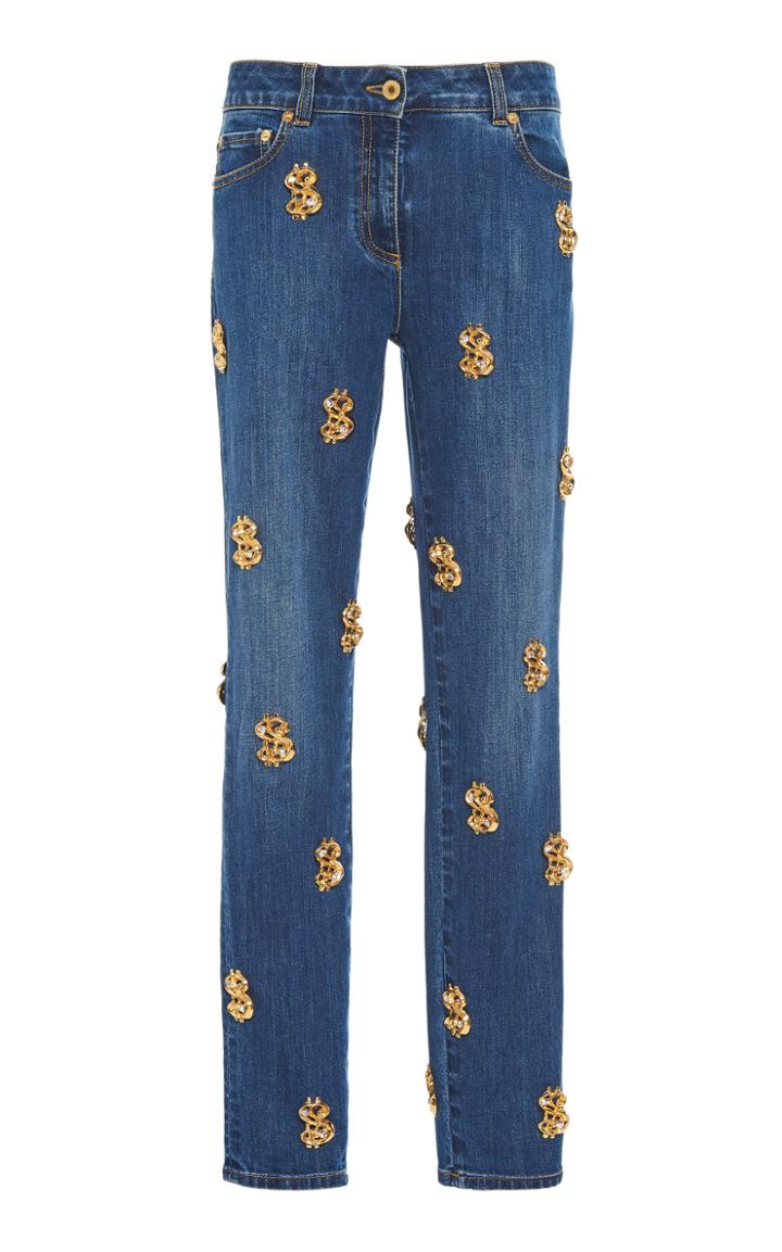 Moschino Currency-embellished Blue Jeans