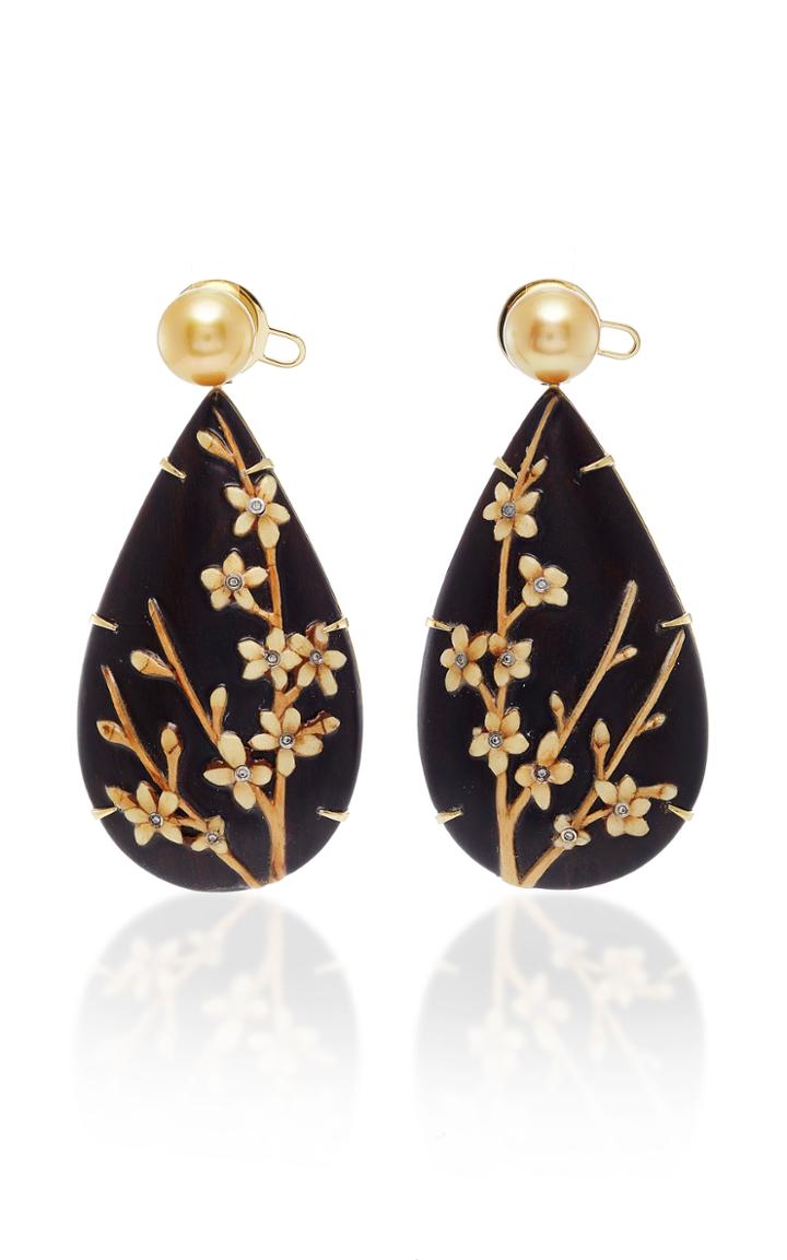 Silvia Furmanovich Marquetry Dark Brown Floral Pear Drop Earrings