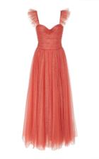Monique Lhuillier Ruched Glitter Tulle Gown With Flutter Straps