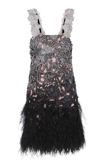 Balmain Feather-trimmed Beaded Silk Mini Dress