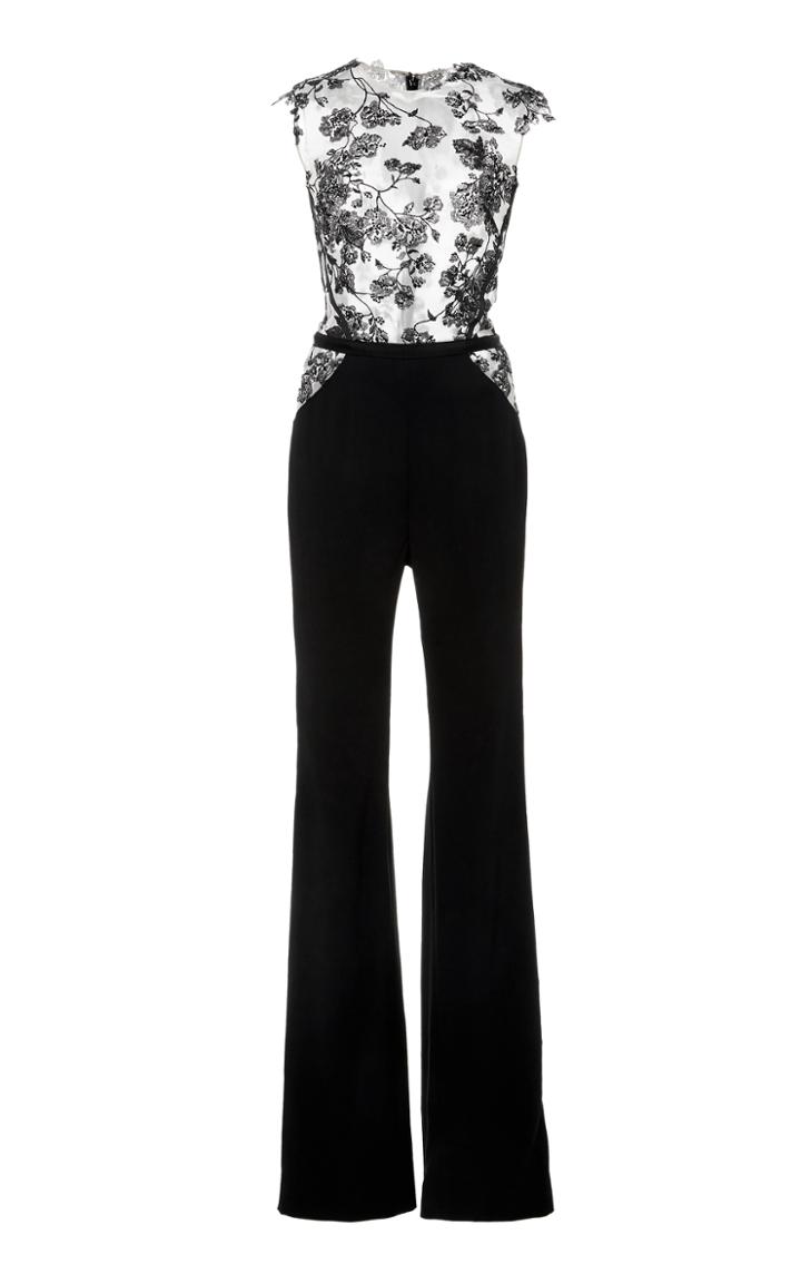 Pamella Roland Lace And Stretch Crepe Jumpsuit With Grosgrain Panels