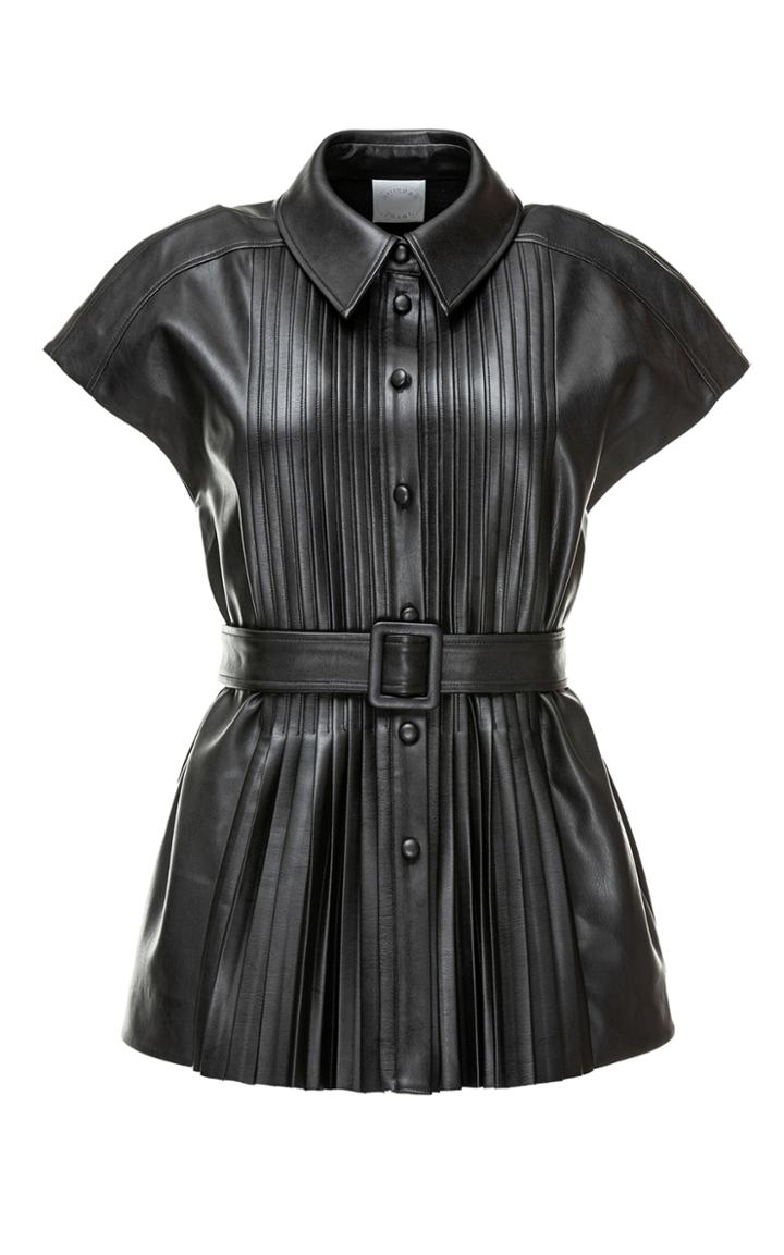 Moda Operandi Huishan Zhang Rowan Belted Pleated Faux Leather Top
