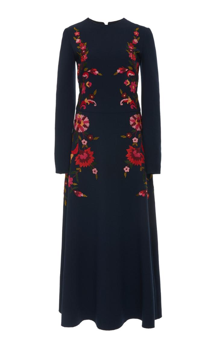 Oscar De La Renta Embroidered Wool-blend Long Sleeve Dress