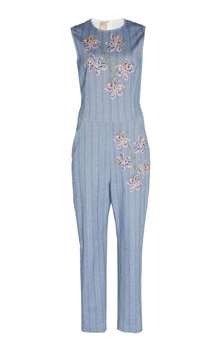 Pascal Millet Chambray Stretch Jumpsuit With Hand Embroidery